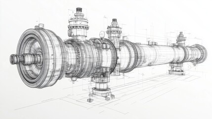 Vector rendering of an industrial valve in wire-frame style with separated layers of visible and invisible lines in orthography