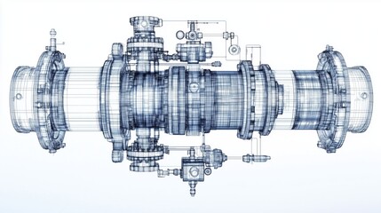 Vector rendering of an industrial valve in wire-frame style with separated layers of visible and invisible lines in orthography