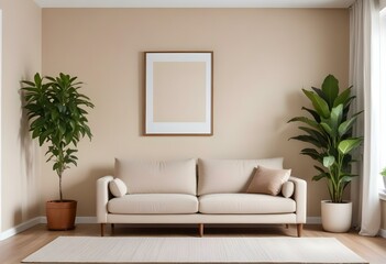 Fototapeta premium A modern living room with a beige sofa, a potted plant, and a wooden frame on the wall.