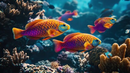 Naklejka premium 17. Photorealistic image of a group of colorful parrotfish feeding on coral, their bright scales shimmering in the sunlight as they swim among the coral structures.