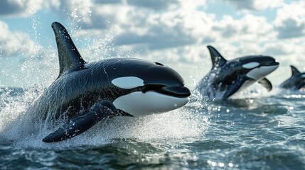 Obraz premium 14. Photorealistic image of a pod of orcas breaching the surface of the water in a synchronized display, with splashes of water and the vast ocean horizon in the background.