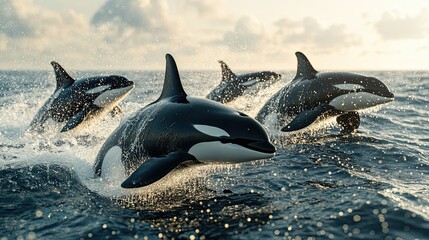 Fototapeta premium 14. Photorealistic image of a pod of orcas breaching the surface of the water in a synchronized display, with splashes of water and the vast ocean horizon in the background.