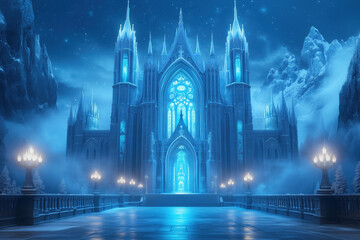 Fototapeta premium Frozen Majesty: An ethereal ice castle glows under a starlit sky, its icy spires reflecting the magic within. 