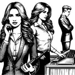 Naklejka premium Business professionals in monochrome illustration. Vector, generative ai.