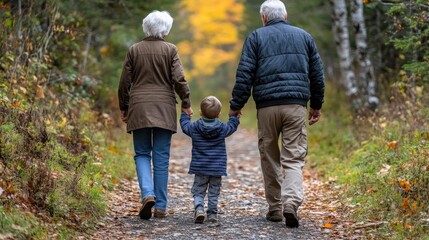 Grandparents, walking hand-in-hand with grandkids, nature trail, soft sunlight