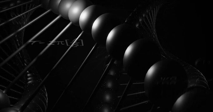 Animation of dna strand and mathematical equations on black background - Powered by Adobe