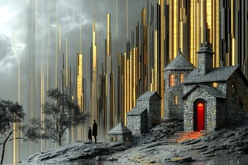 Obraz premium Landscape of two villagers in the stone village at the edge of the golden city