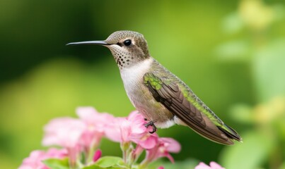 A hummingbird is perched on a flower, surrounded by other flowers