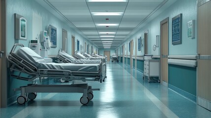 Hospital hallway, gurney parked to the side, medical carts, bright fluorescent lights