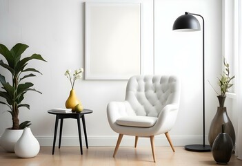 A modern living room with a white tufted armchair, a black side table with a pear-shaped vase, and a blank white frame on the wall.