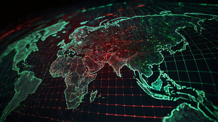 A digital world map with glowing attack lines in red and green crisscrossing from various countries, indicating hacking attempts