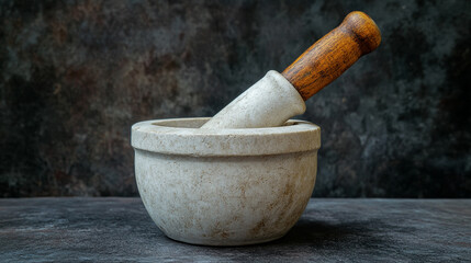 Classic stone mortar and pestle resting on a dark textured surface in a kitchen setting ideal for culinary tasks