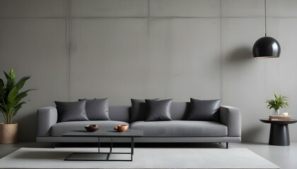 A modern living room with a gray sofa, black coffee table, and a concrete wall background.
