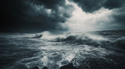 Obraz premium Dark storm clouds gather over turbulent ocean waves under a dramatic sky at dusk