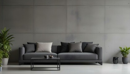 A modern living room with a gray sofa, black coffee table, and a concrete wall background.