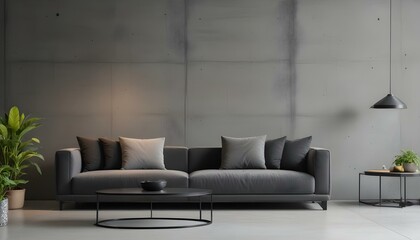 A modern living room with a gray sofa, black coffee table, and a concrete wall background.