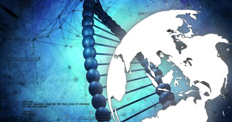 Animation of dna strand and globe over data processing on blue background - Powered by Adobe