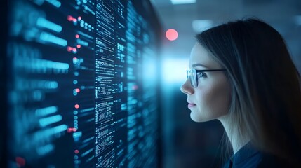 Woman in Glasses Looking at a Server Rack with Blue Lights