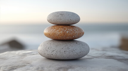 Balanced stone cairn on beach with blurred ocean background. Concept of harmony and meditation
