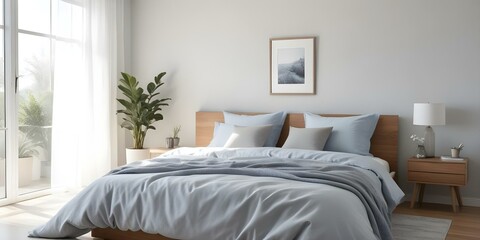 A cozy and minimalist bedroom with a gray and white color scheme. The bed is dressed in light blue and gray bedding, and there is a potted plant and framed artwork.