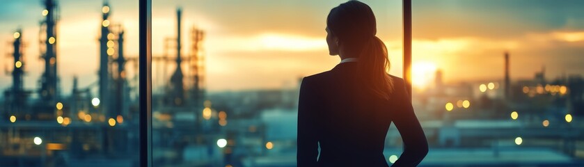 Businesswoman Silhouetted Against Industrial Sunset
