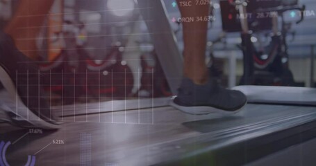 Animation of financial data processing over biracial woman running on treadmill - Powered by Adobe