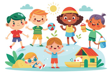 Illustration set of child drawings summer isolated on white background