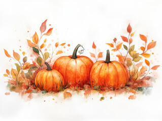 Naklejka premium Watercolor halloween, autumn artwork showing three orange pumpkins surrounded by fall leaves isolated on white background