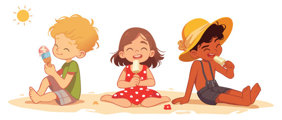 Three children of different races eating an ice cream on the beach. Illustration of children feeling happy with their ice cream. Summer holiday or vacation vector. Playing at beach. Holiday concept.