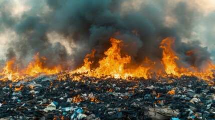 Pile of trash, burning in an open field, black smoke rising, midday light