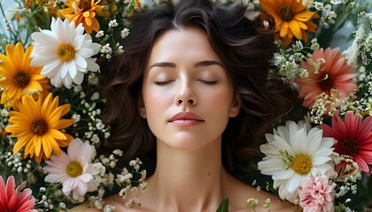 Serene woman embracing flowers, highlighting the connection between mental well-being and skin health