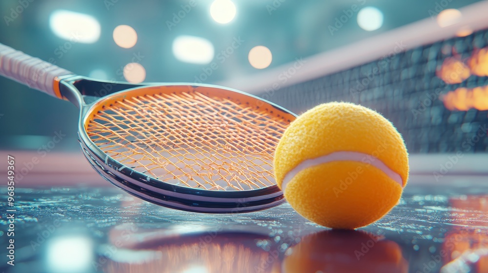 Wall mural playing tennis, racket swinging at a ball, net in background, court lighting