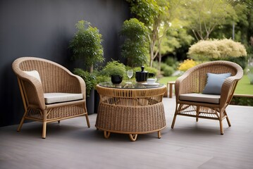 Obraz premium Wicker patio chairs and table in garden 