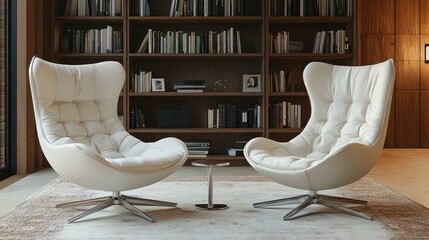 Psychiatristâ€™s office, comfortable chairs, bookshelf with medical journals, warm ambient light