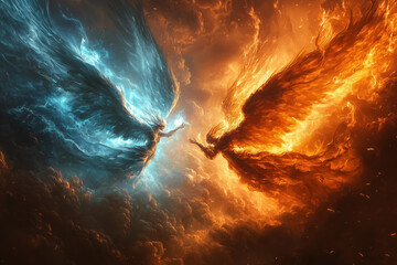 Epic Angel vs Demon Battle in Fiery Sky.