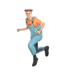 3D Professional Male Painter Character. A male painter runs with a large red, white, and green candy cane in his right hand. Artistic Model