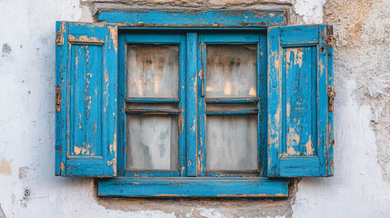 A rustic blue window with peeling paint, set against a textured white wall, captures the charm of old architecture at sunset