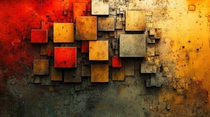 Rectangles, layered like bricks, earth tones, low light ambiance