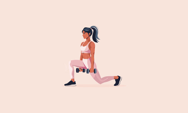 A woman doing lunges with dumbbells during a strength workout.