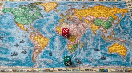 Naklejka premium Risk board, continents with army pieces, dice rolled in the center, world map backdrop, soft light