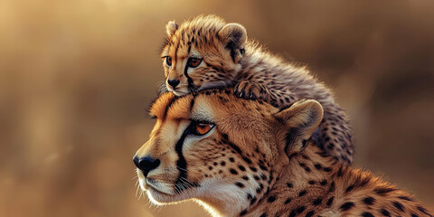 Obraz premium Cute baby cheetah on the head of its mother, generative AI