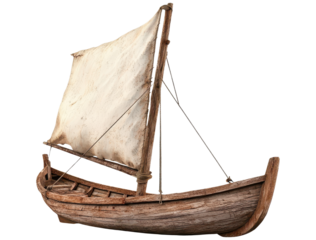 Vintage wooden sailboat with weathered texture clipart on transparent background