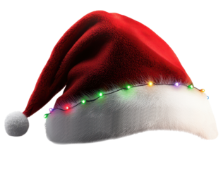 Santa hat with Christmas lights trim clipart on transparent background