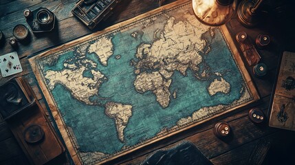 Risk, map showing territory control, dice and cards in use, overhead lamp light