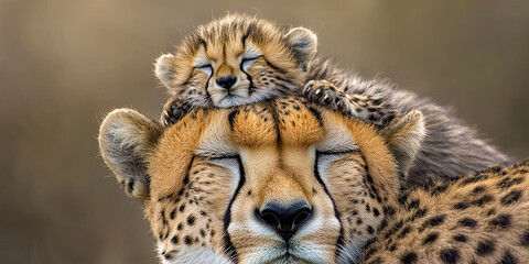 Obraz premium Cute baby cheetah on the head of its mother, generative AI