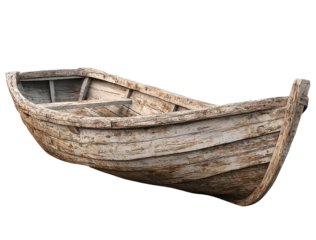 Rustic wooden rowboat with weathered texture clipart on transparent background
