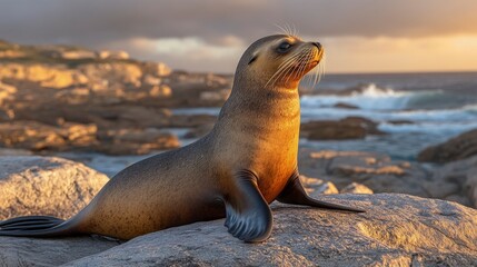 Fototapeta premium Sea lion, caught in fishing line, struggling on a rocky shore, low natural light