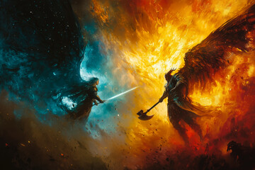 Epic Angel vs Demon Battle in Fiery Sky.