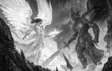 Epic Angel vs Demon Battle in Fiery Sky.