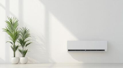 Fototapeta premium Modern interior featuring a stylish air conditioning unit and lush green plants against a bright, minimalist wall